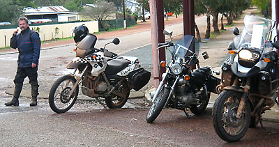 Line-up of bikes at pub, Lidia's little Yam in centre