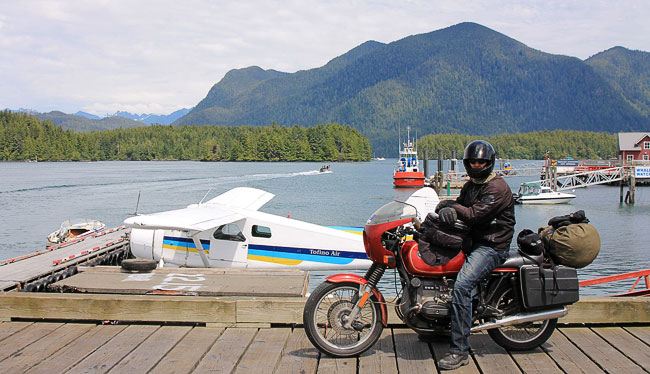 Ronnie on the R100S BMW at the jetty, Tofino,
          Canada.