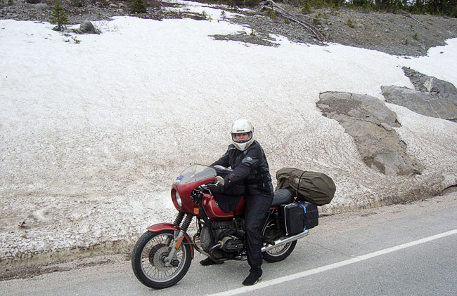 Antoinet on the bike at Icefields Parkway.