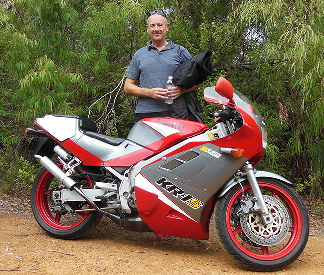 Charles with his 1990 KR1S 250cc at Cheynes Beach.