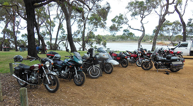 Motorcycle lineup at breakfast venue.