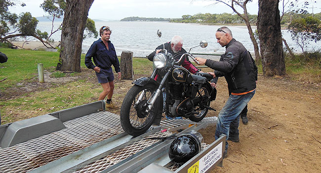 Unloading the mighty Matchless - good way to save on
          petrol.