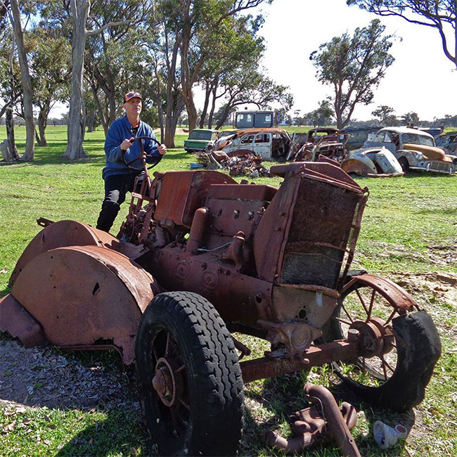 Kim didnt get very far on the tractor.