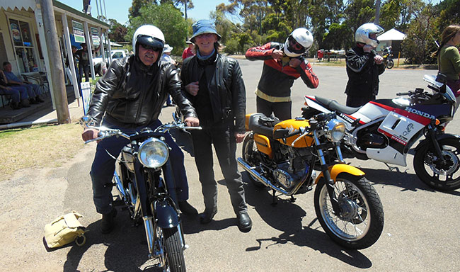 Lloyd and Norton, Chris looking on and Bill getting
          on the Ducati.