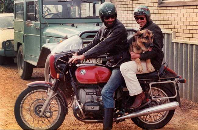 Paul, Lana and Rick the Alsation on their BMW R100S.