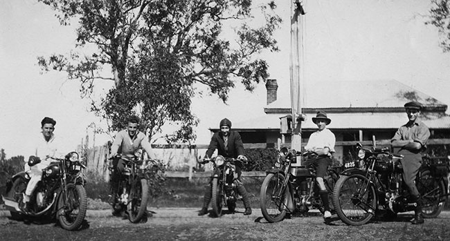 Len, Stan and friends on BSA, Triumph and AJS motorcycles.