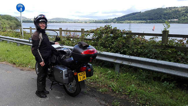 Riding along Lake Bala, North Wales.