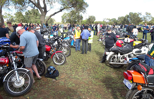 Some of the 182 historic motorcycles awaiting the start of the fabulous 2 Day Rally.