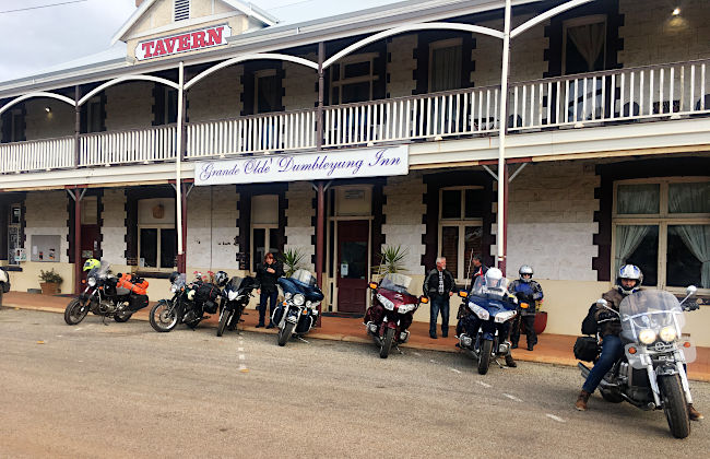 All the bikes lined up outside the Grande Olde Dumbleyung Inn.