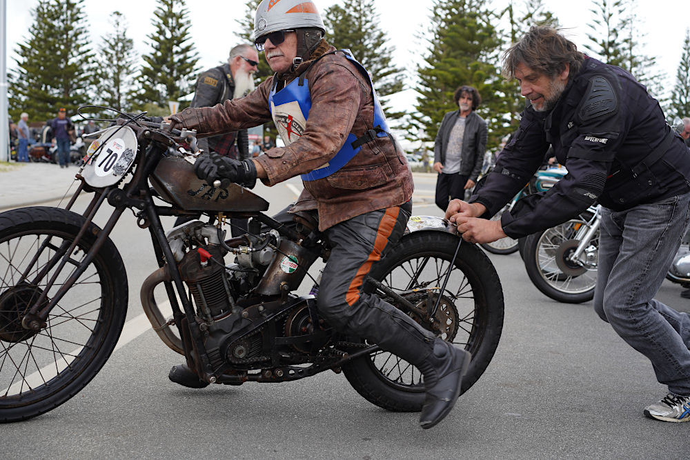 Rod cadges a push from a passer-by for his 1927 BSA-JAP hillclimb special.