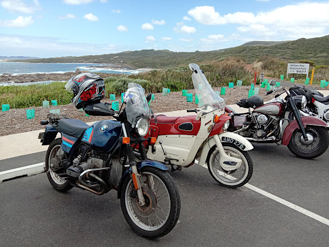 BMW, Ariel and Harley parked at Lights Beach.