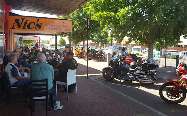 Bernie and mates at Nic's Cafe, Mount Barker.