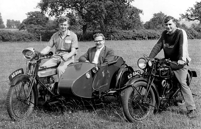 Bob Main on his 1918 4hp 600cc Douglas, Geoff Preece, and David Main on his 1929 KN Velocette.