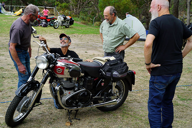 John has a smile after his Matchless roars into life.