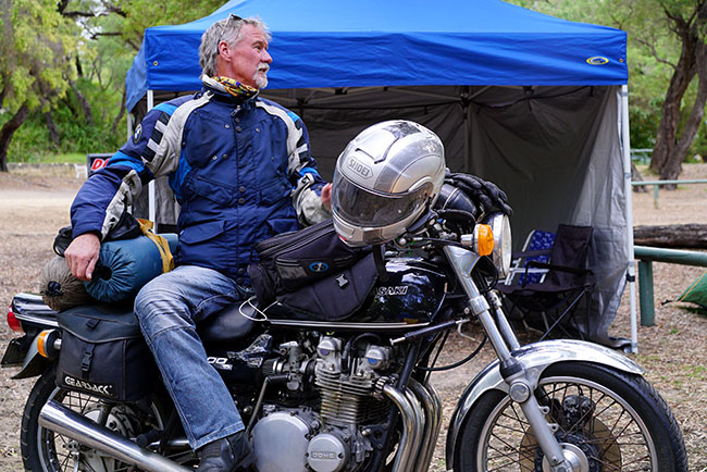 John arriving at Hamlin Bay on his Kwaka, Louise rode her 400 Honda, shes probably putting the tent up.