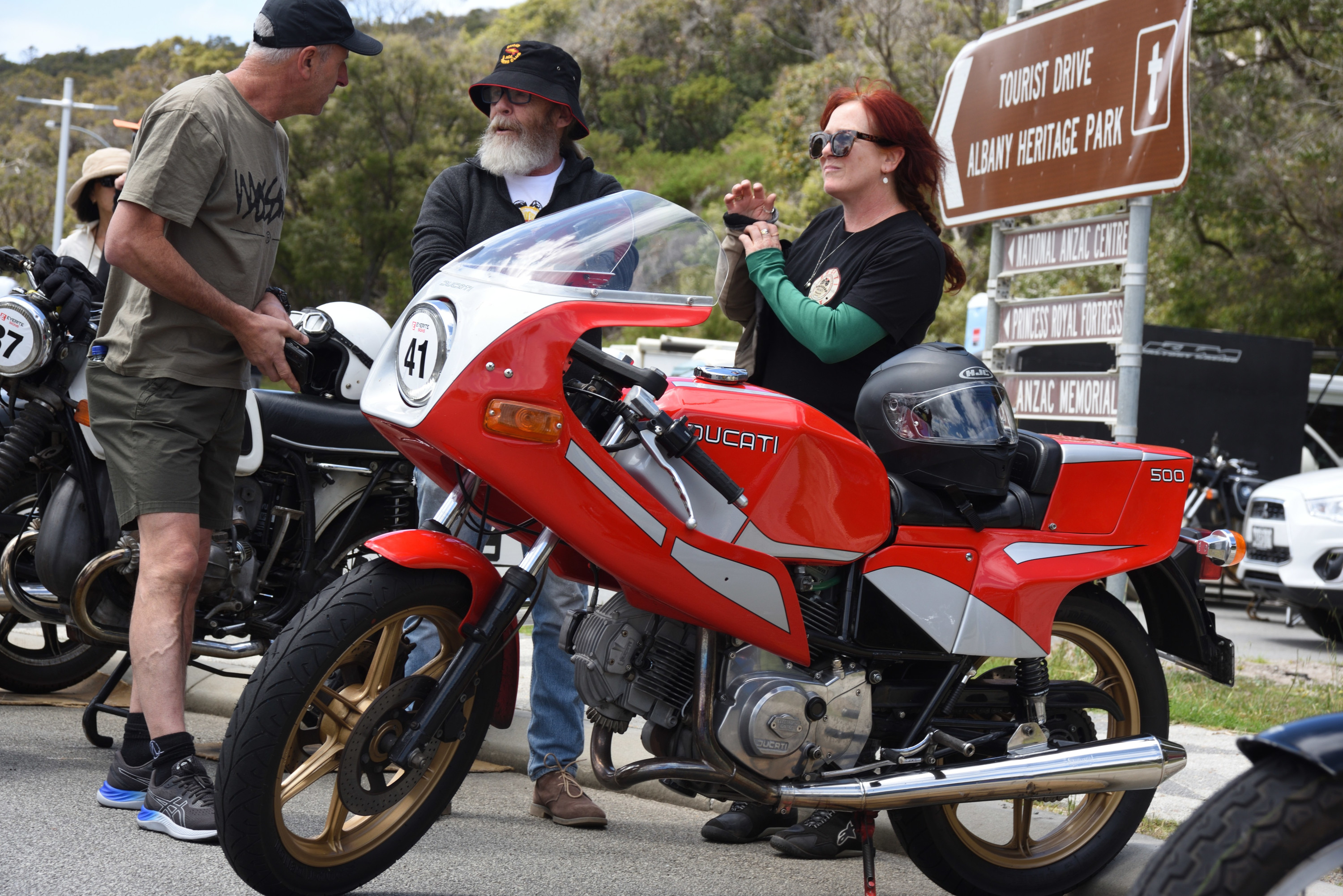 Ducati 500 Pantah and rider
        awaiting the next run up the hill.